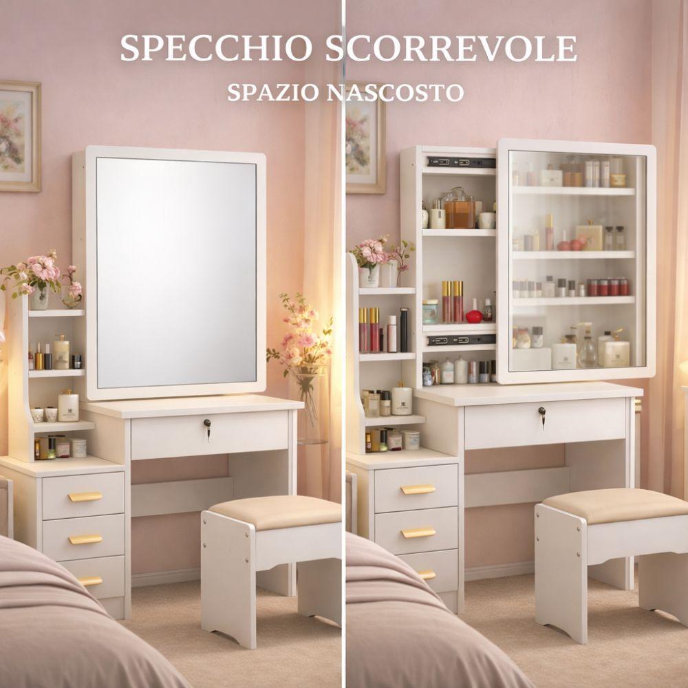  toeletta trucco con specchio scorrevole e cassettiera - bianco elegante - foto 4