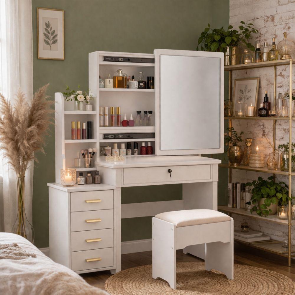  toeletta trucco con specchio scorrevole e cassettiera - bianco elegante - foto 5