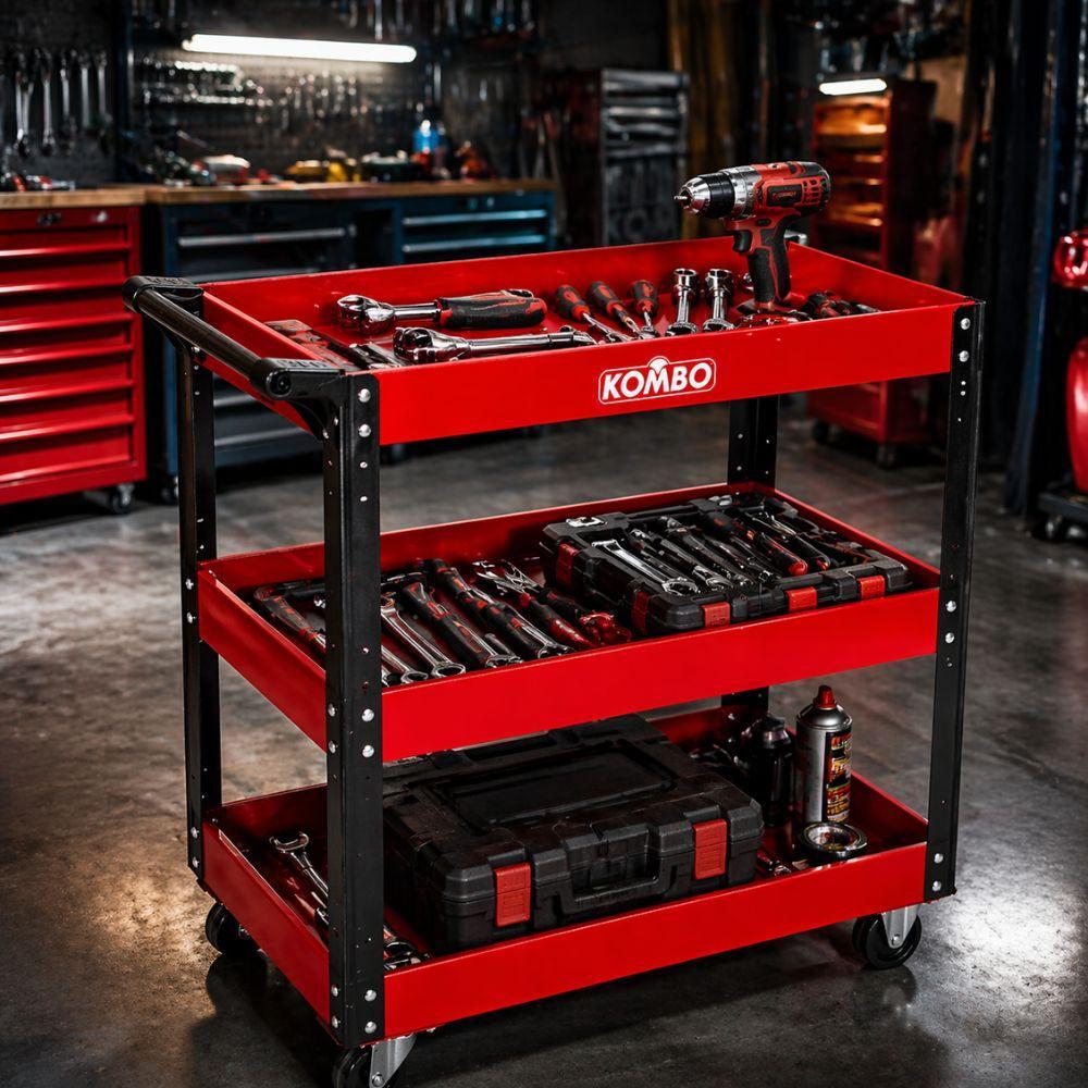  carrello officina 3 ripiani in acciaio con ruote girevoli porta attrezzi multiuso rosso - foto 2