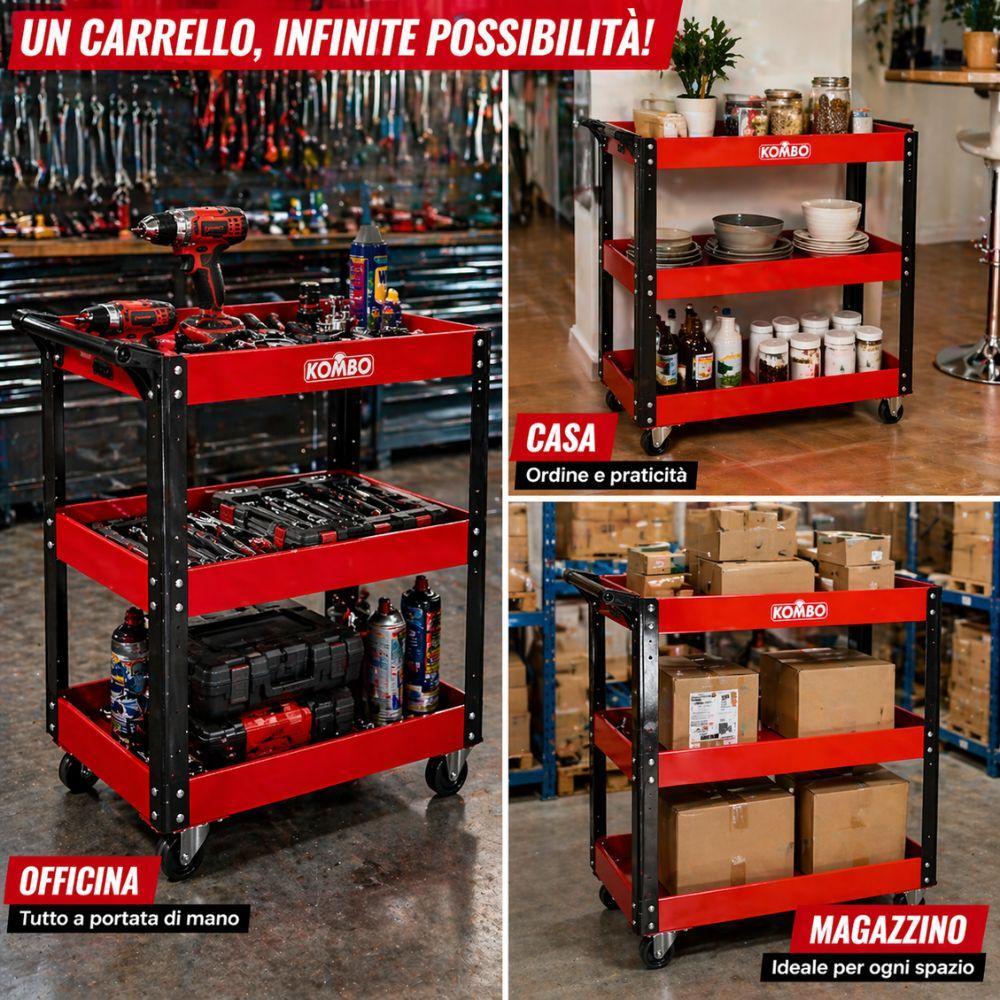  carrello officina 3 ripiani in acciaio con ruote girevoli porta attrezzi multiuso rosso - foto 3