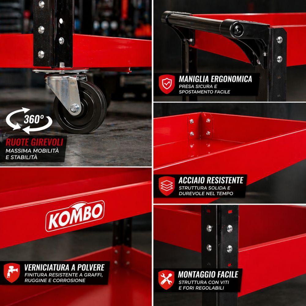  carrello officina 3 ripiani in acciaio con ruote girevoli porta attrezzi multiuso rosso - foto 4