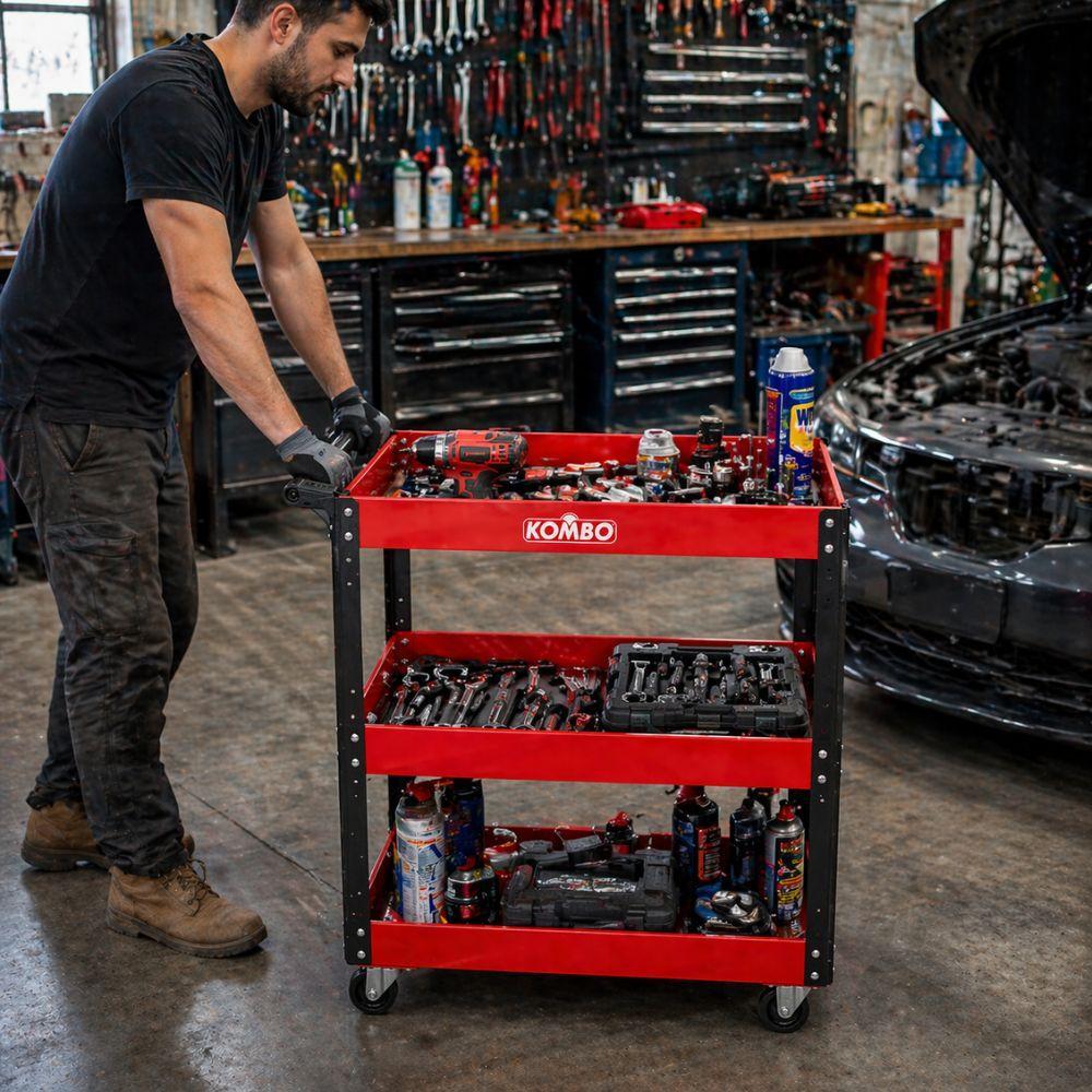  carrello officina 3 ripiani in acciaio con ruote girevoli porta attrezzi multiuso rosso - foto 5