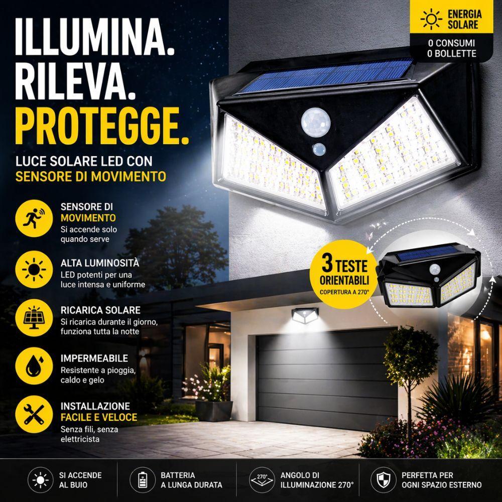  faretto led solare con sensore di movimento 3 teste luce regolabili alta luminosità impermeabile outdoor - foto 4