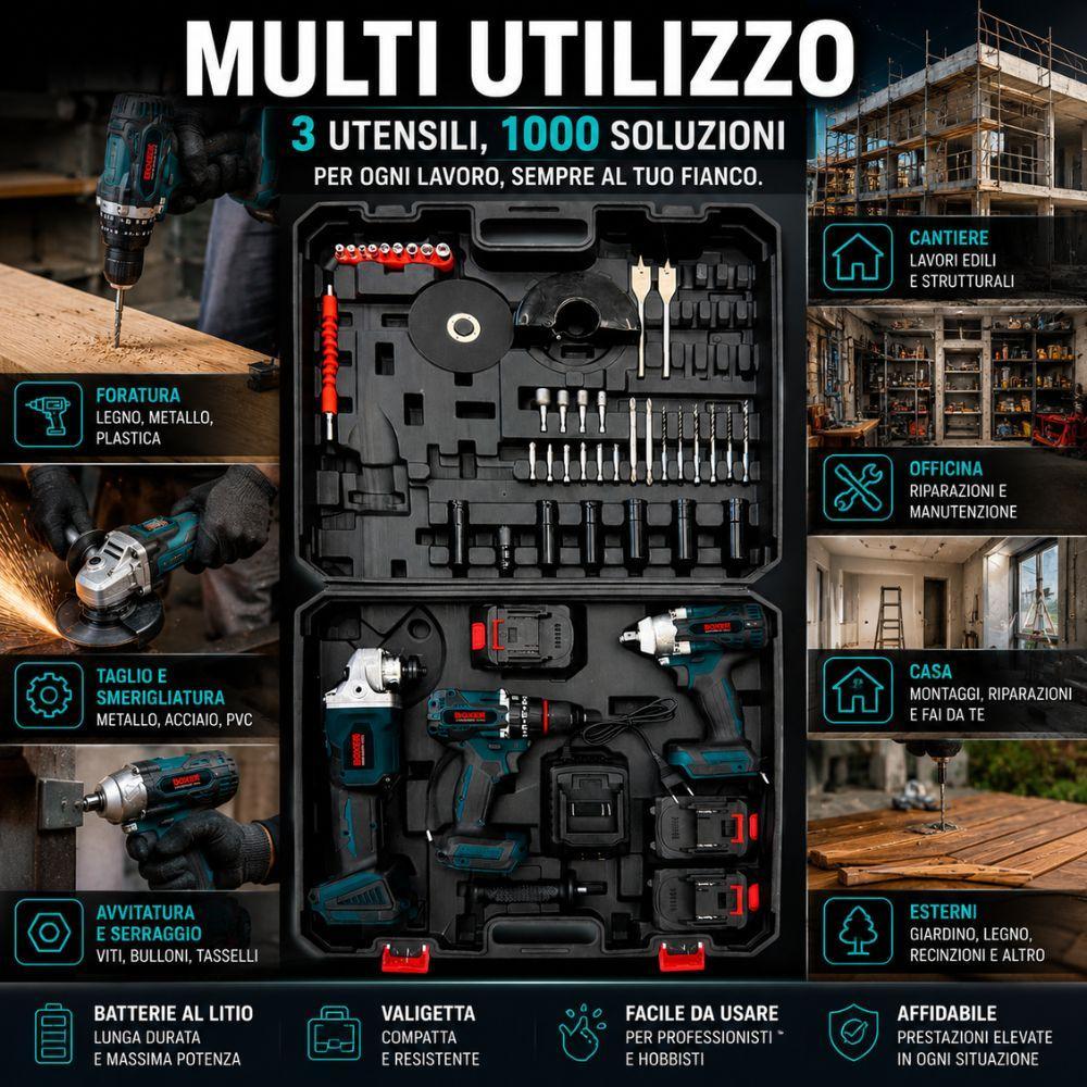  kit 3 in 1 avvitatore, smerigliatrice angolare e avvitatore a impulsi con 3 batterie, punte e inserti - foto 3