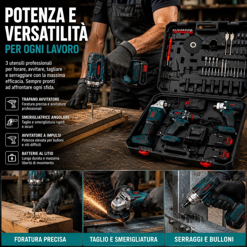  kit 3 in 1 avvitatore, smerigliatrice angolare e avvitatore a impulsi con 3 batterie, punte e inserti - foto 4