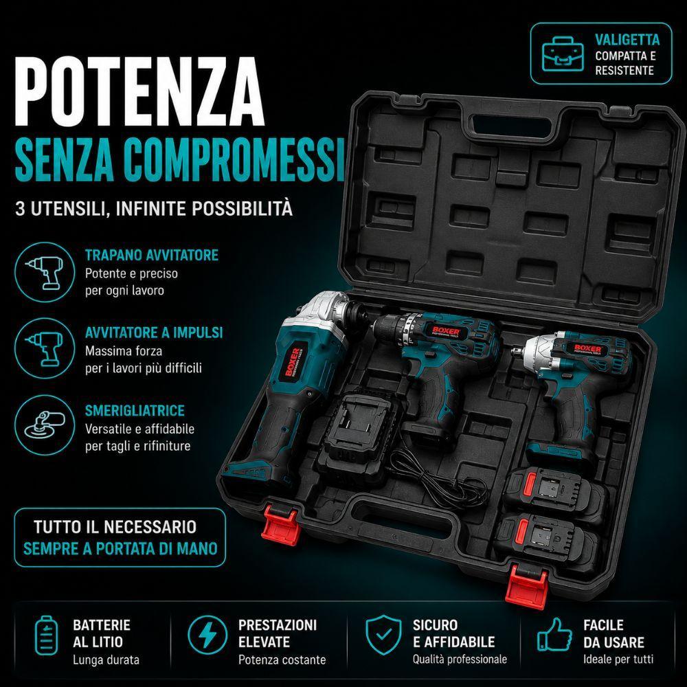  kit 3 in 1 avvitatore, smerigliatrice angolare e avvitatore a impulsi con 3 batterie, punte e inserti - foto 5