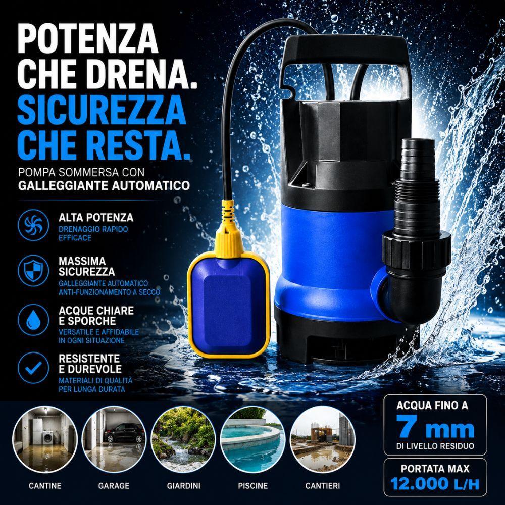  pompa sommersa acque sporche con galleggiante automatico e attacco tubo universale per svuotamento piscine cantine e pozzi - foto 2