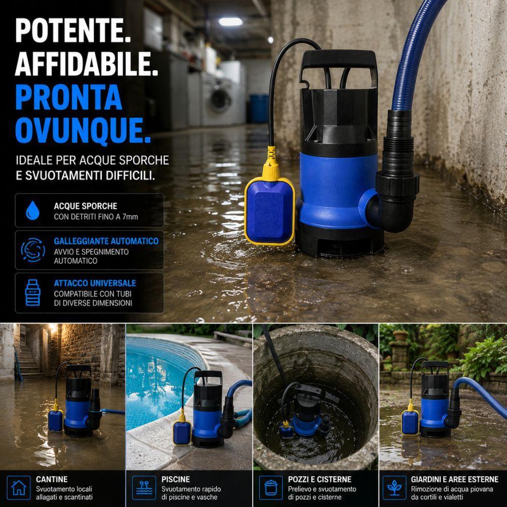  pompa sommersa acque sporche con galleggiante automatico e attacco tubo universale per svuotamento piscine cantine e pozzi - foto 3