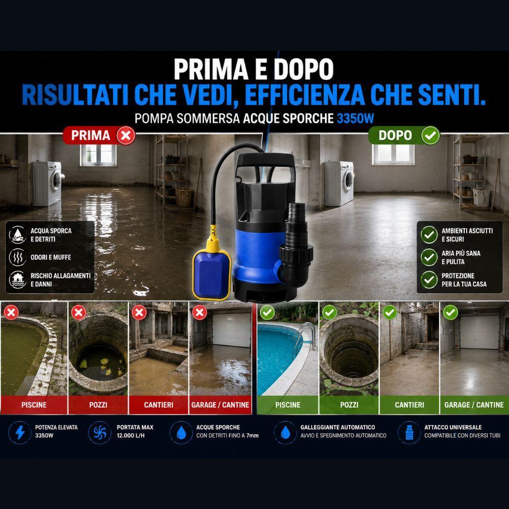  pompa sommersa acque sporche con galleggiante automatico e attacco tubo universale per svuotamento piscine cantine e pozzi - foto 4