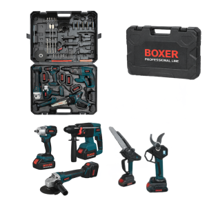 Kit 6 in 1 professionale con valigetta – avvitatore, trapano a percussione, avvitatore a impulsi, smerigliatrice, motosega e cesoia