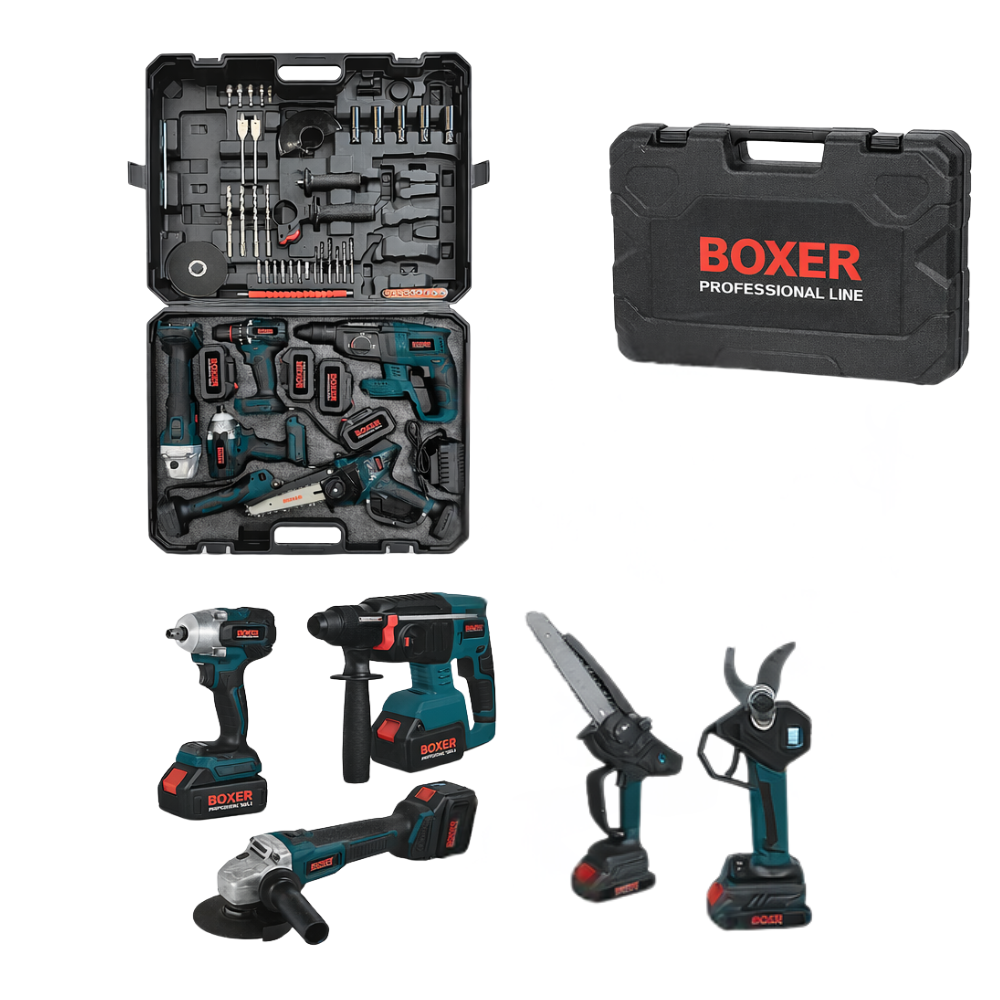  kit 6 in 1 professionale con valigetta – avvitatore, trapano a percussione, avvitatore a impulsi, smerigliatrice, motosega e cesoia - foto 1