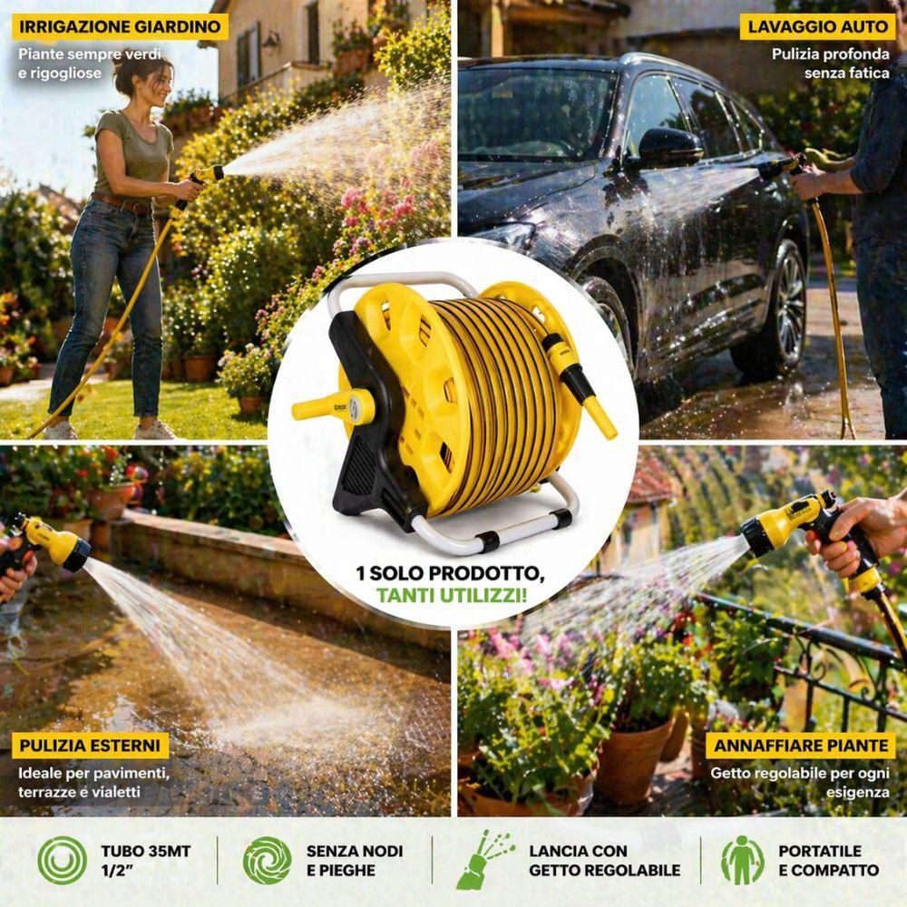  tubo da giardino 35 metri 1/2 con avvolgitubo portatile con lancia regolabile sistema irrigazione completo - foto 4