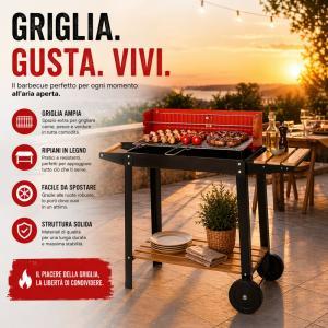 Barbecue carrello a carbonella con ripiani in legno e ruote grill da giardino
