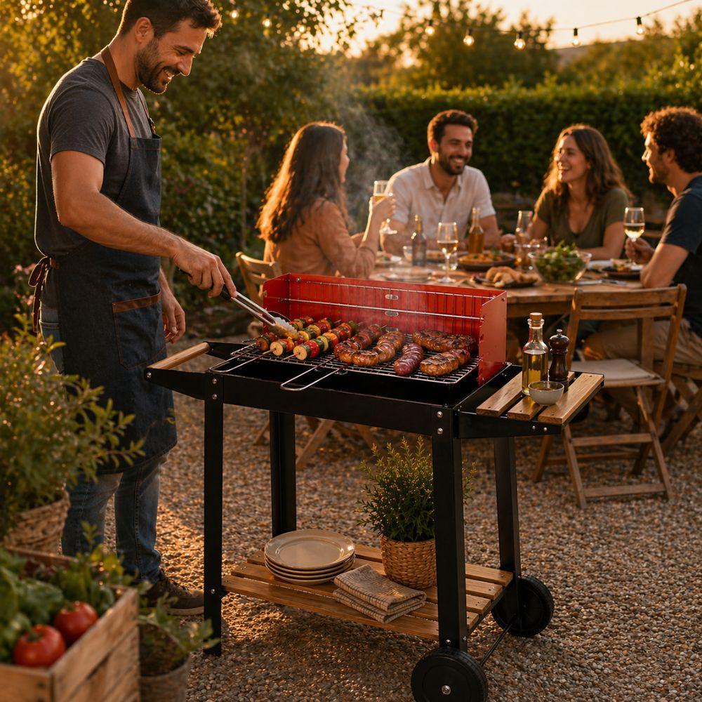 barbecue carrello a carbonella con ripiani in legno e ruote grill da giardino - foto 3