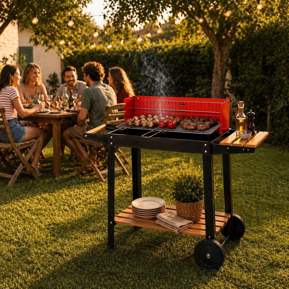  barbecue carrello a carbonella con ripiani in legno e ruote grill da giardino - foto 4