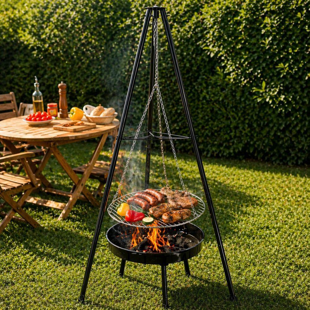  barbecue tripode con griglia sospesa regolabile braciere da giardino con catene e struttura in acciaio - foto 2