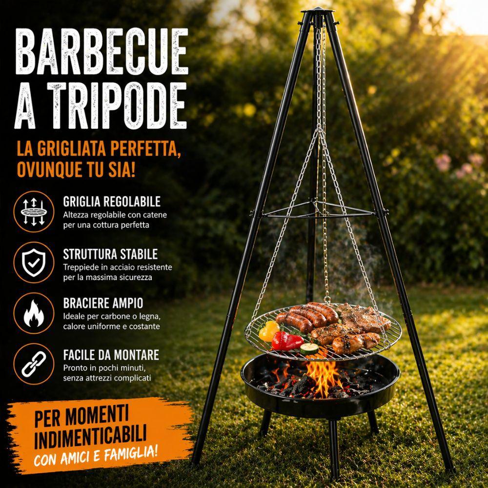  barbecue tripode con griglia sospesa regolabile braciere da giardino con catene e struttura in acciaio - foto 3