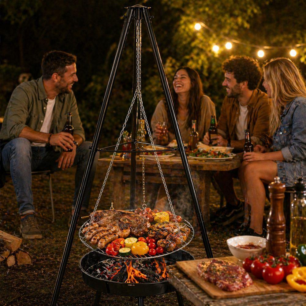  barbecue tripode con griglia sospesa regolabile braciere da giardino con catene e struttura in acciaio - foto 4