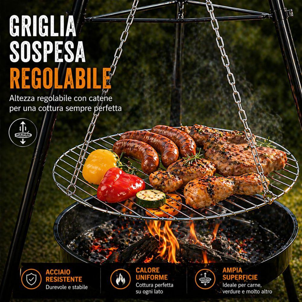  barbecue tripode con griglia sospesa regolabile braciere da giardino con catene e struttura in acciaio - foto 5
