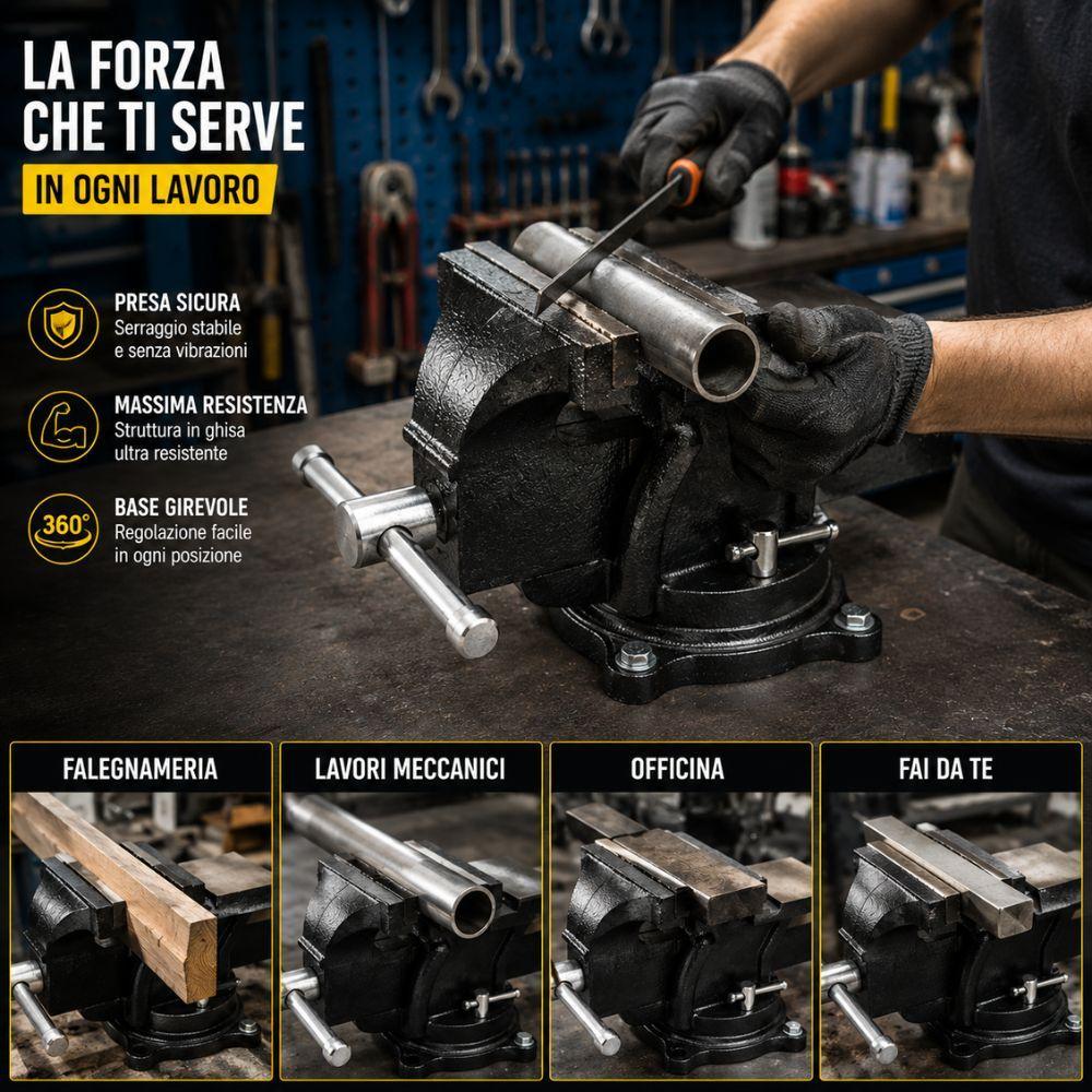  morsa da banco girevole professionale in ghisa con base rotante 360° per officina falegnameria e lavori meccanici - foto 4