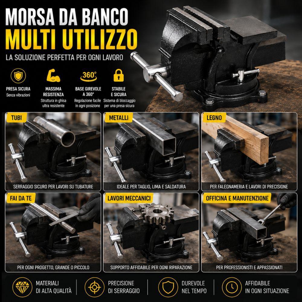  morsa da banco girevole professionale in ghisa con base rotante 360° per officina falegnameria e lavori meccanici - foto 5
