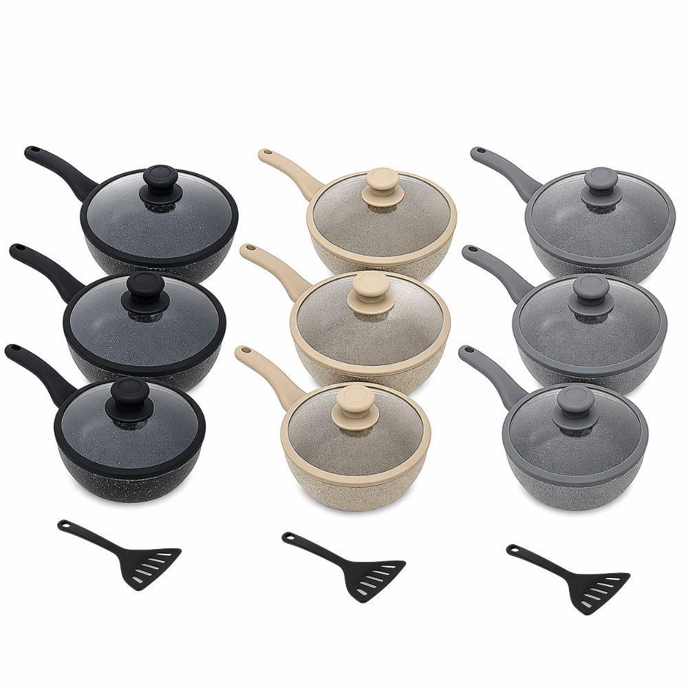  set padelle 7 pezzi effetto pietra lavica antiaderenti con coperchio e mestolo - foto 1