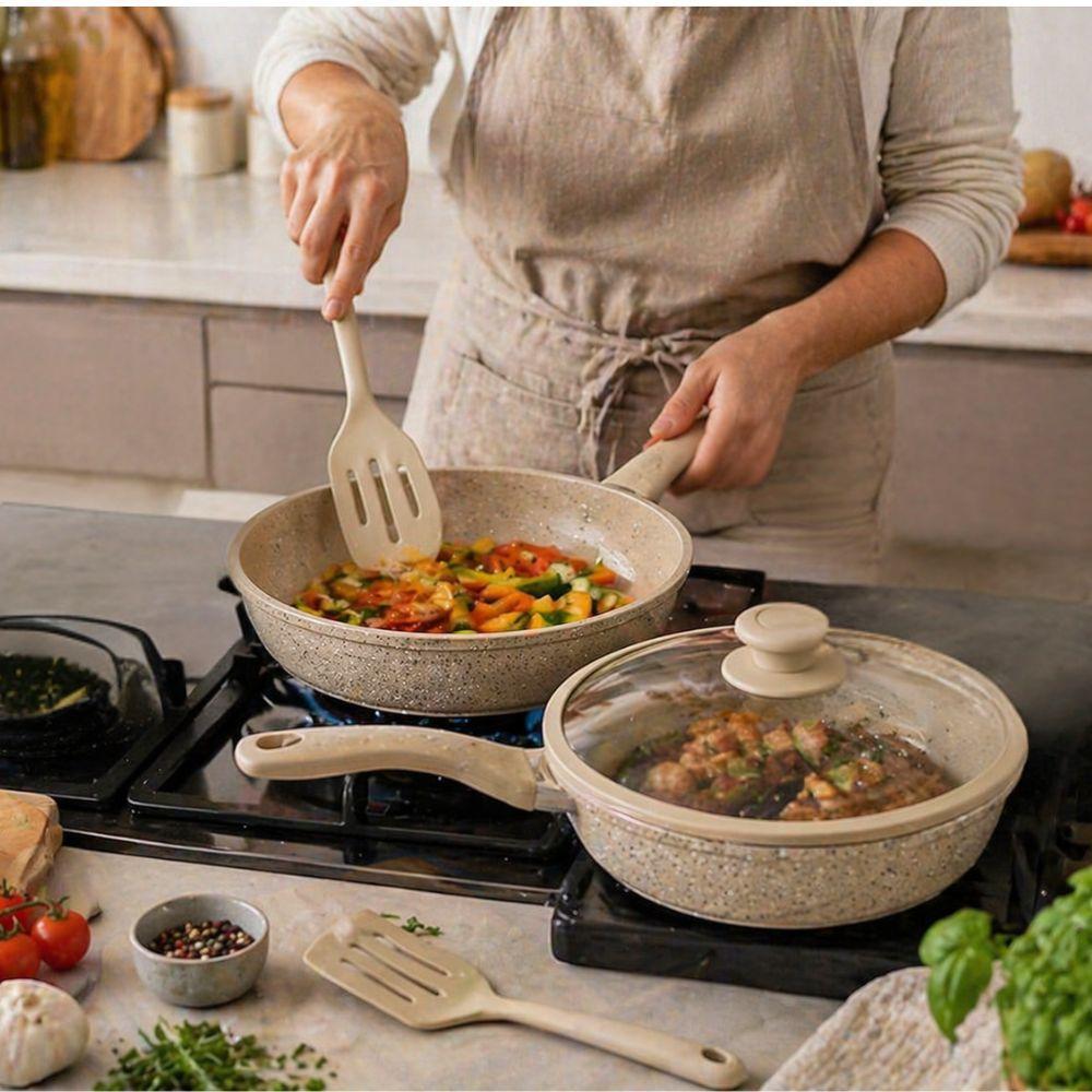  set padelle 7 pezzi effetto pietra lavica antiaderenti con coperchio e mestolo - foto 2