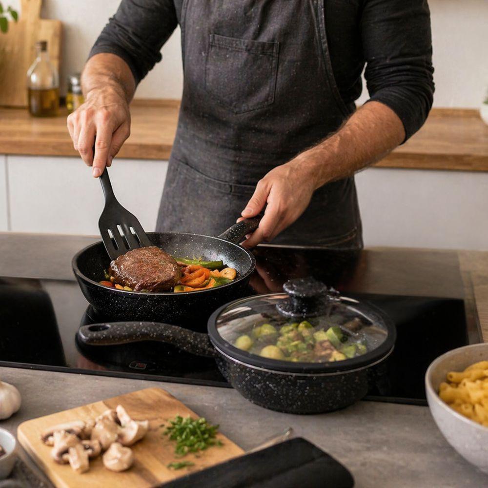  set padelle 7 pezzi effetto pietra lavica antiaderenti con coperchio e mestolo - foto 3