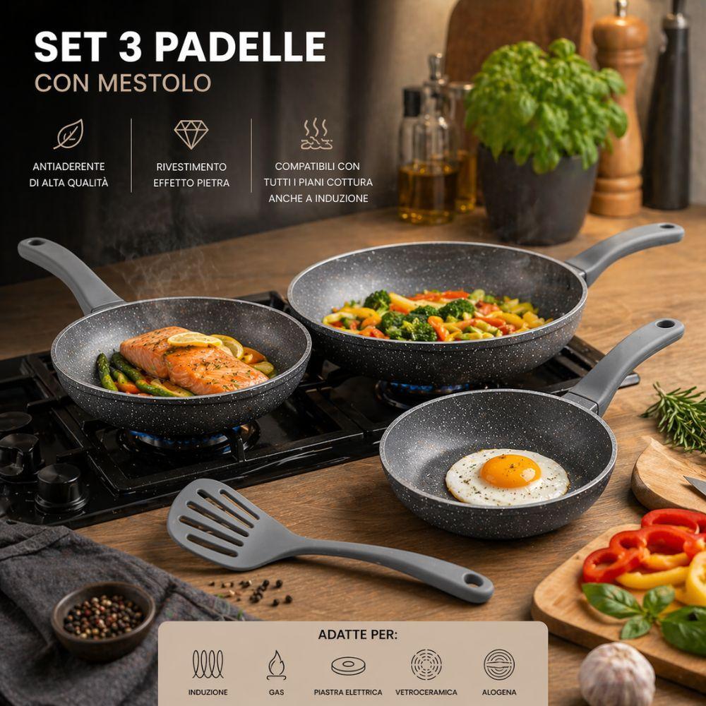  set padelle 7 pezzi effetto pietra lavica antiaderenti con coperchio e mestolo - foto 4