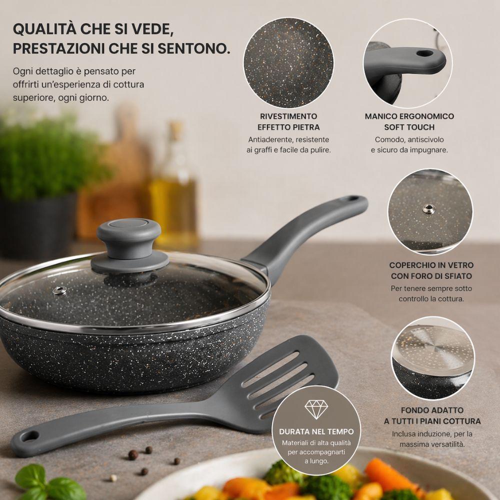 set padelle 7 pezzi effetto pietra lavica antiaderenti con coperchio e mestolo - foto 5