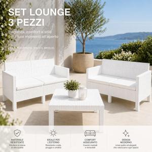 Set salotto da giardino 4 posti con cuscini – 2 divanetti e tavolino bianco