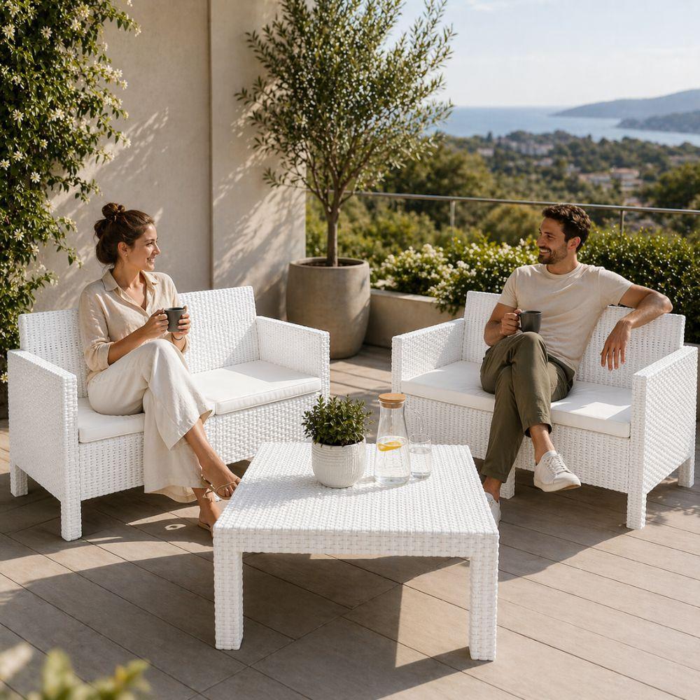  set salotto da giardino 4 posti con cuscini  2 divanetti e tavolino bianco - foto 3