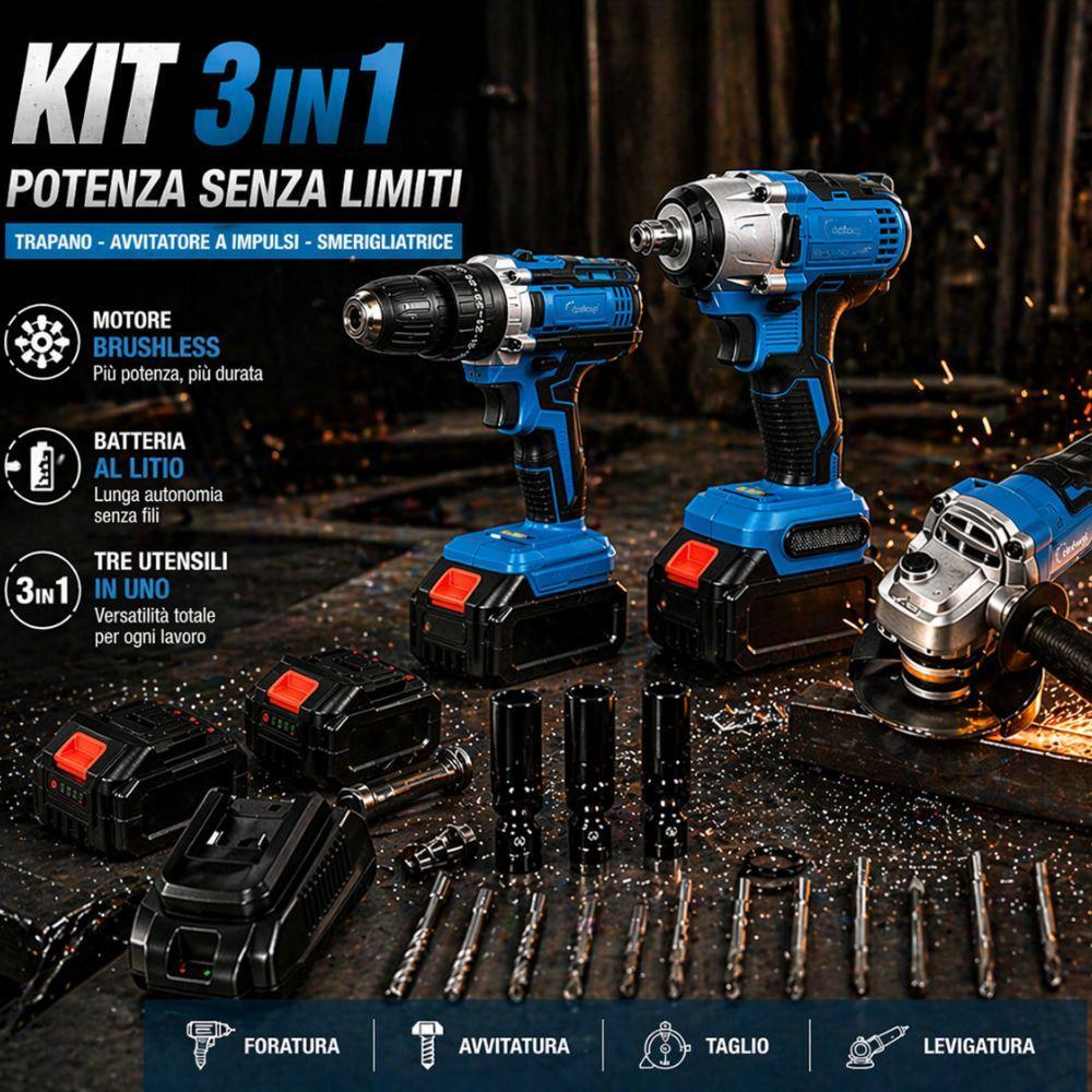  kit 3in1 avvitatore, avvitatore a impulsi e  smerigliatrice con accessori - foto 2