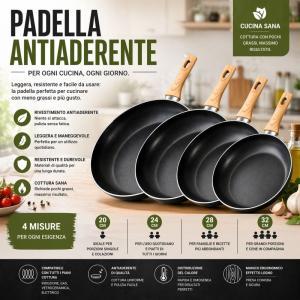 Padella antiaderente effetto pietra con manico soft touch effetto legno 20/24/28/32 cm compatibile induzione
