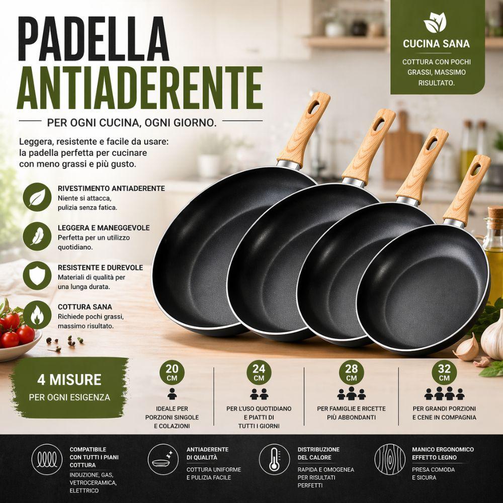  padella antiaderente effetto pietra con manico soft touch effetto legno 20/24/28/32 cm compatibile induzione - foto 2