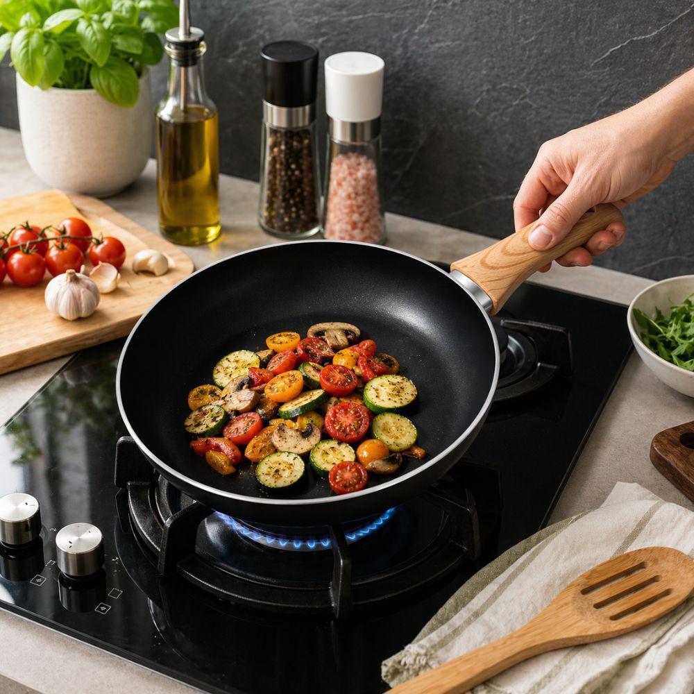  padella antiaderente effetto pietra con manico soft touch effetto legno 20/24/28/32 cm compatibile induzione - foto 3