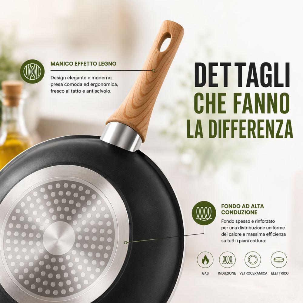  padella antiaderente effetto pietra con manico soft touch effetto legno 20/24/28/32 cm compatibile induzione - foto 4