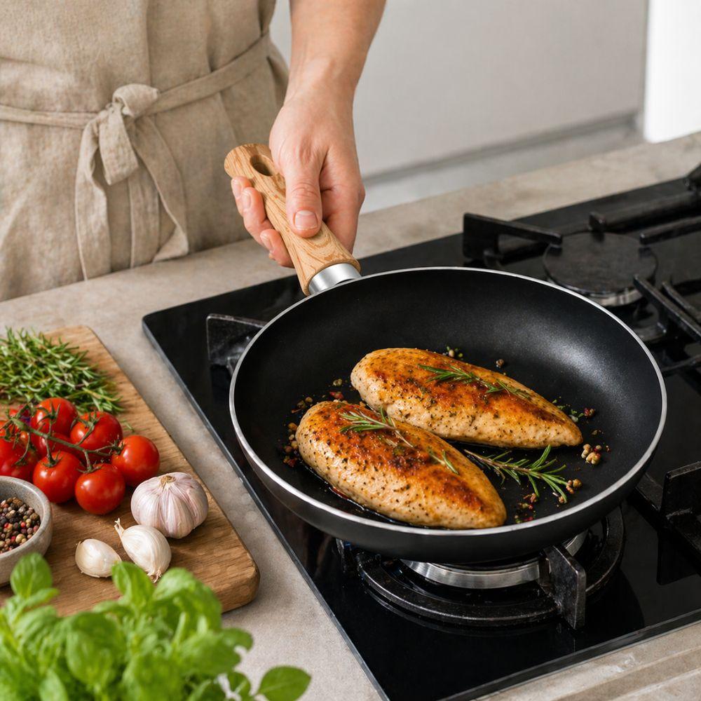  padella antiaderente effetto pietra con manico soft touch effetto legno 20/24/28/32 cm compatibile induzione - foto 5