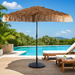 Ombrellone da esterno 3m effetto paglia con manovella e struttura in acciaio