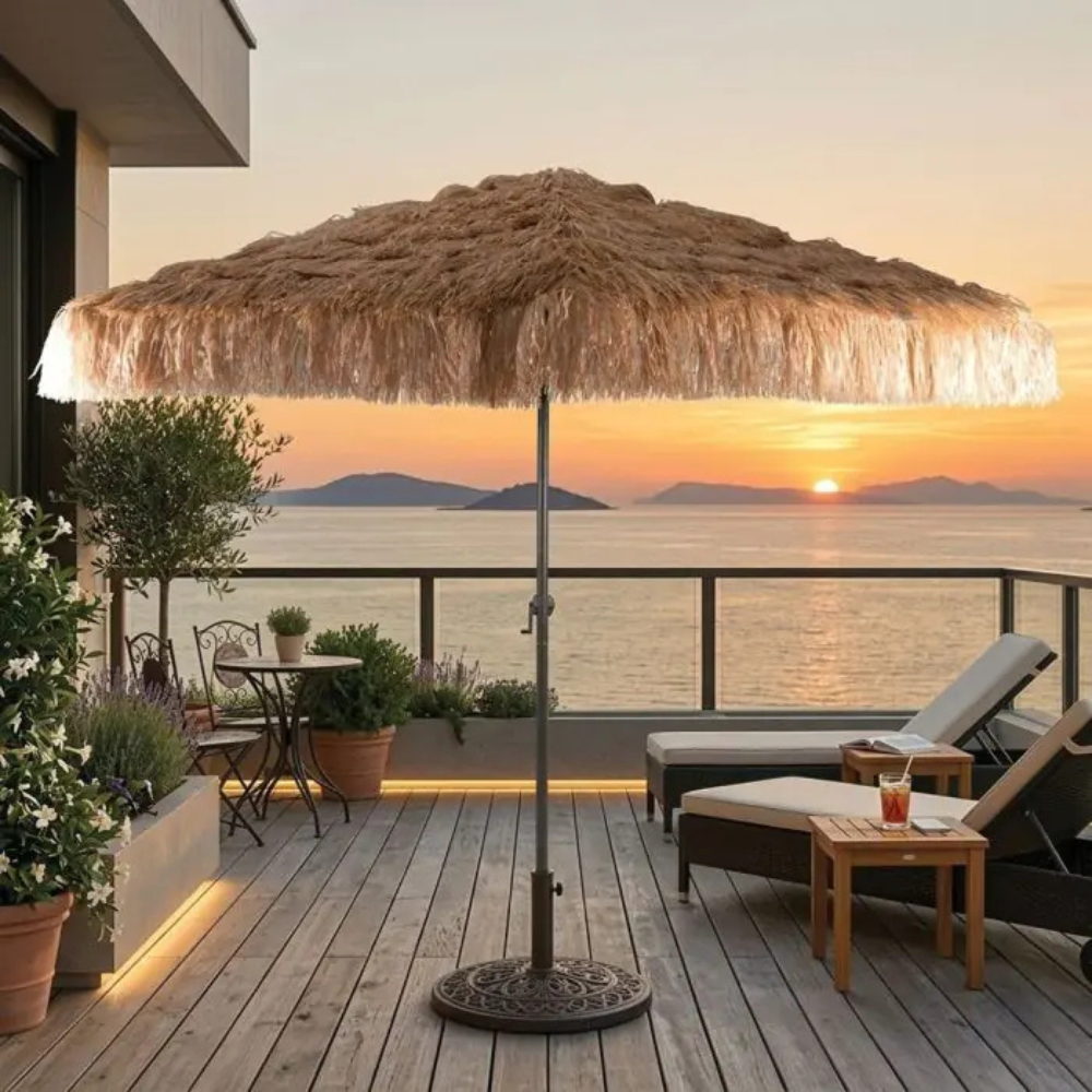  ombrellone da esterno 3m effetto paglia con manovella e struttura in acciaio - foto 3