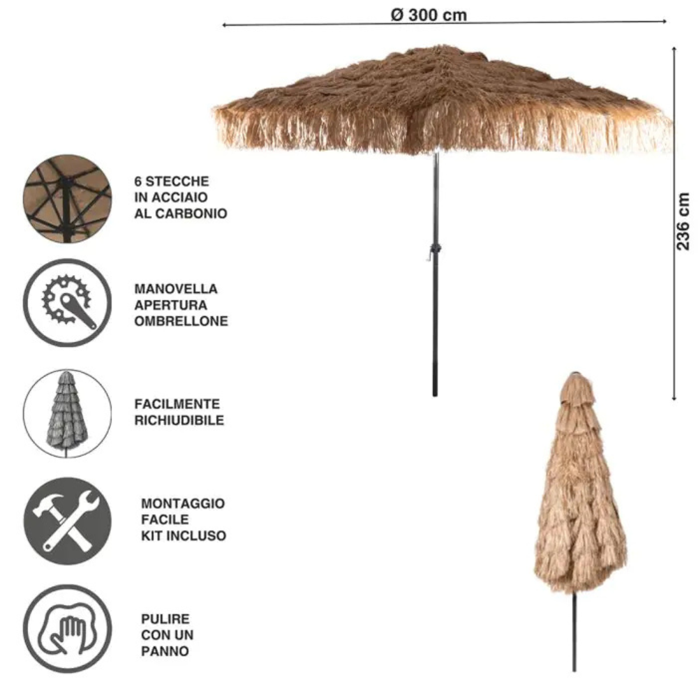  ombrellone da esterno 3m effetto paglia con manovella e struttura in acciaio - foto 4