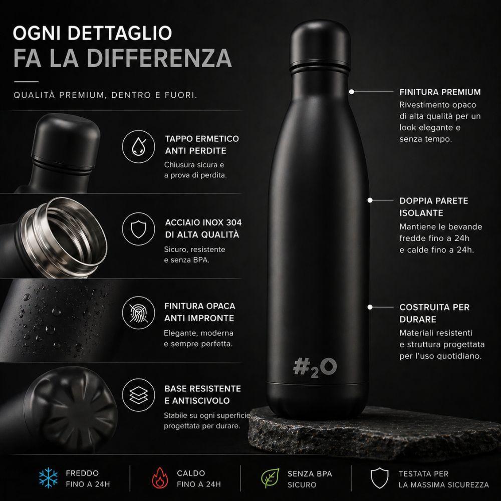  bottiglia termica nera opaca acciaio inox 750ml isolamento doppia parete caldo freddo 24h design premium - foto 5