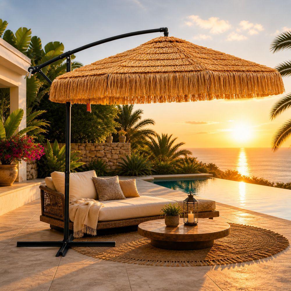  ombrellone a braccio stile paglia tropicale da giardino con base in metallo - foto 2