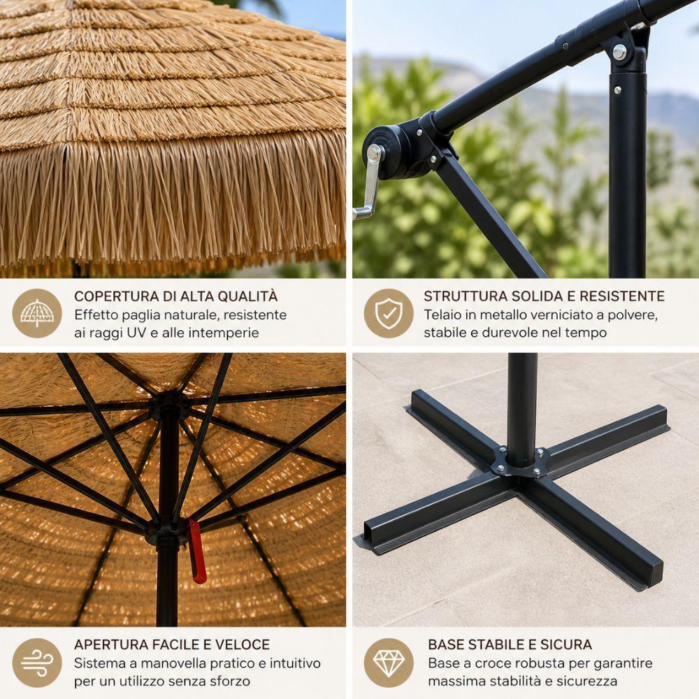  ombrellone a braccio stile paglia tropicale da giardino con base in metallo - foto 4