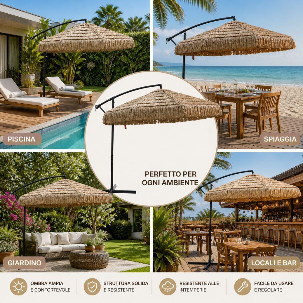  ombrellone a braccio stile paglia tropicale da giardino con base in metallo - foto 5