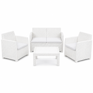 Set salotto da giardino esterno effetto rattan 4 pezzi con tavolino e cuscini