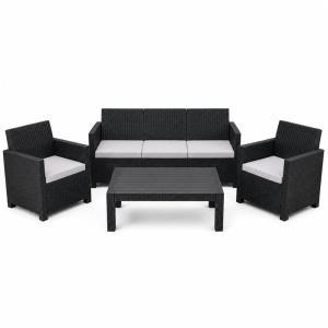 Set salotto da giardino esterno 5 posti effetto rattan antracite con tavolino e cuscini