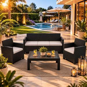 Set salotto da giardino esterno 5 posti effetto rattan antracite con tavolino e cuscini