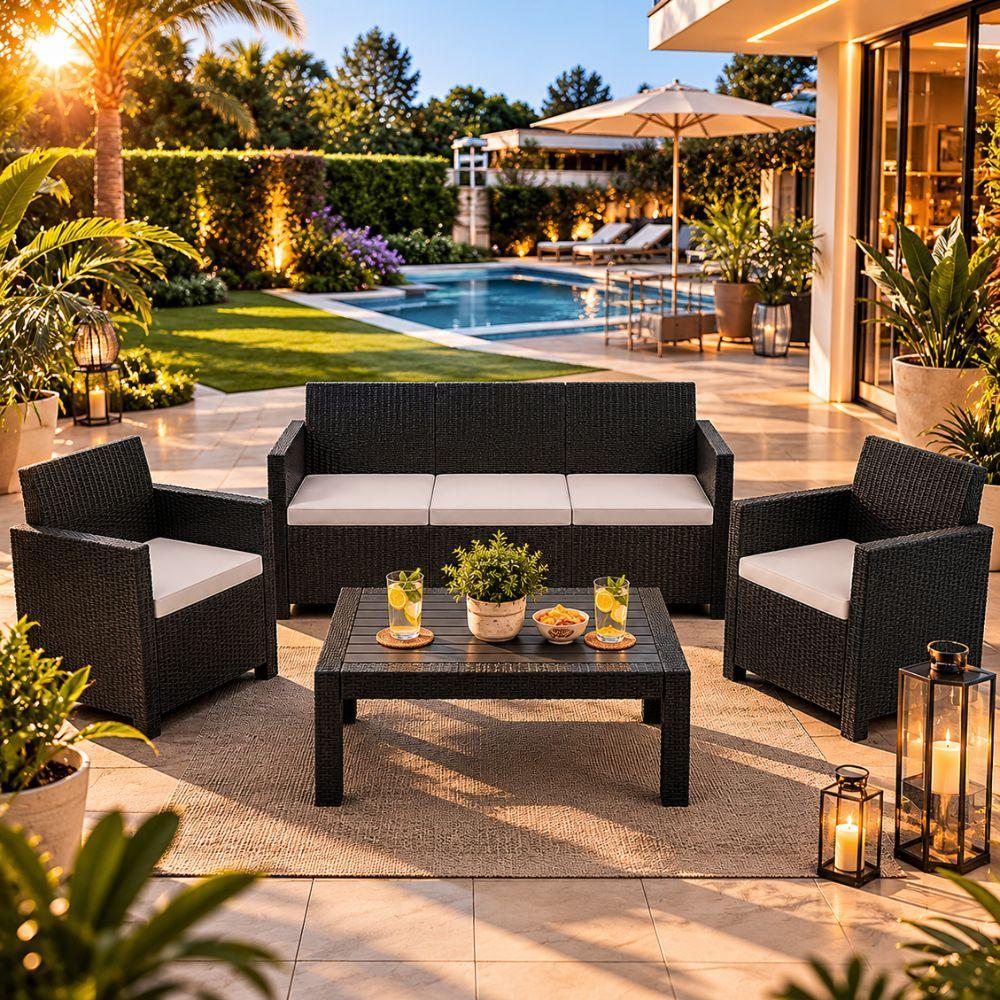  set salotto da giardino esterno 5 posti effetto rattan antracite con tavolino e cuscini - foto 2