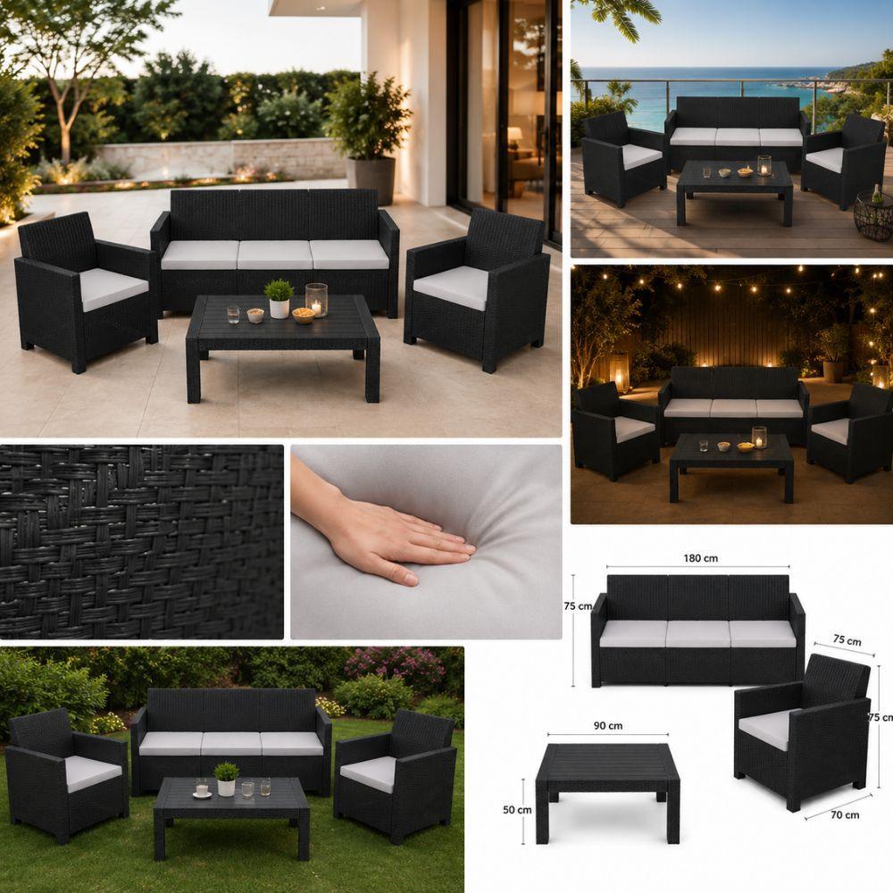  set salotto da giardino esterno 5 posti effetto rattan antracite con tavolino e cuscini - foto 3